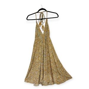 Short Yellow Gold Floral Halter Sun Dress Boho Tassel One Size